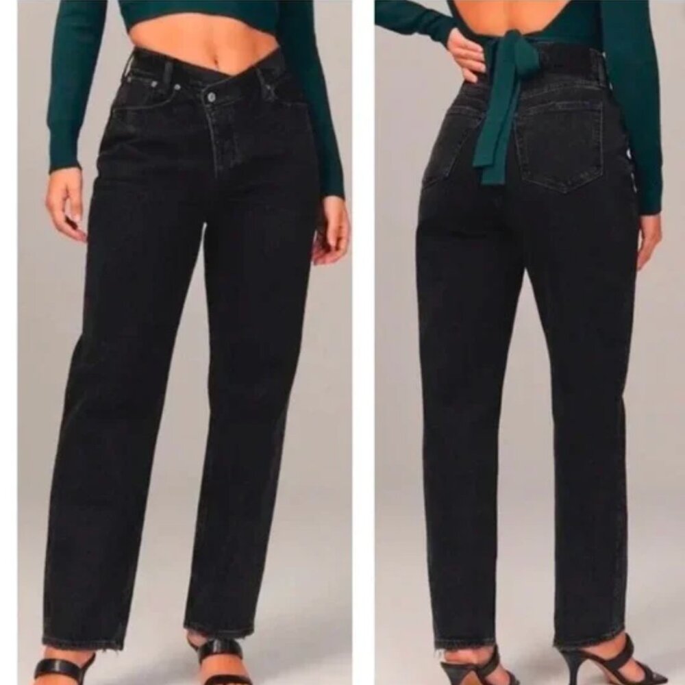 A&F Curve Love High Rise Dad Jean Black Criss-Cross Waistband 28 Long